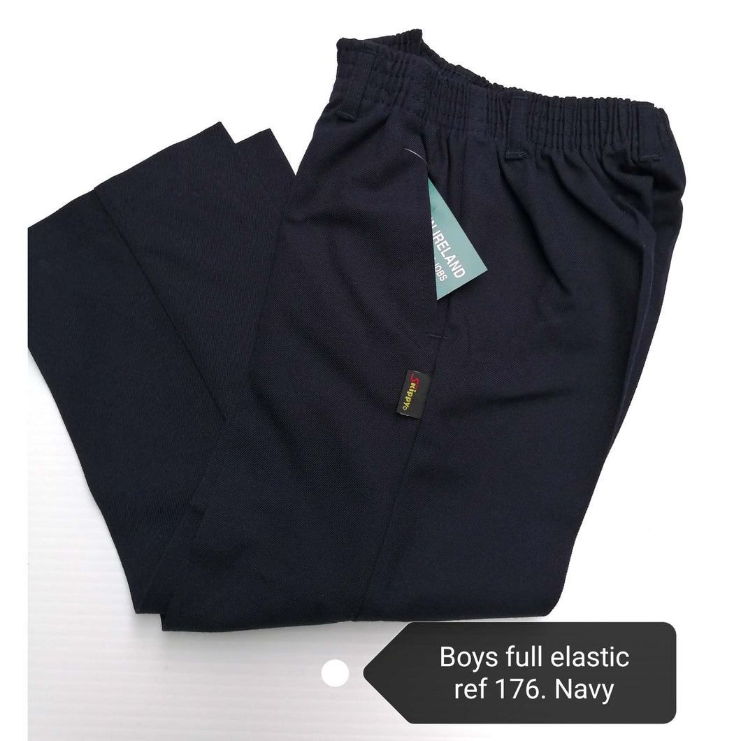 Boys Trousers All Elastic Waist Navy with Mock front zip.