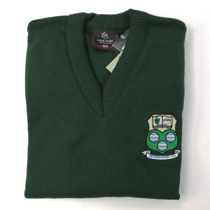 Drumshanbo Voc Sch Crested Jumper / Sweater Bottle Green V Neck Acrylic