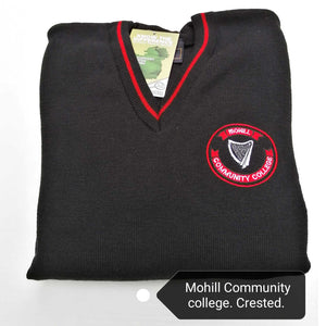 Mohill Comm Coll. Crested Jumper / Sweater Black with Red V Neck Wool Mix 30%